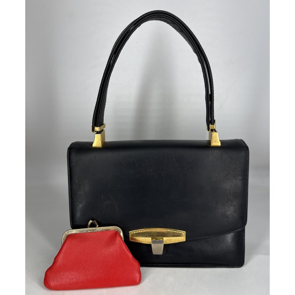 Vintage Koret Black Genuine Leather Handbag Red Interior w/ Coin Purse Gold